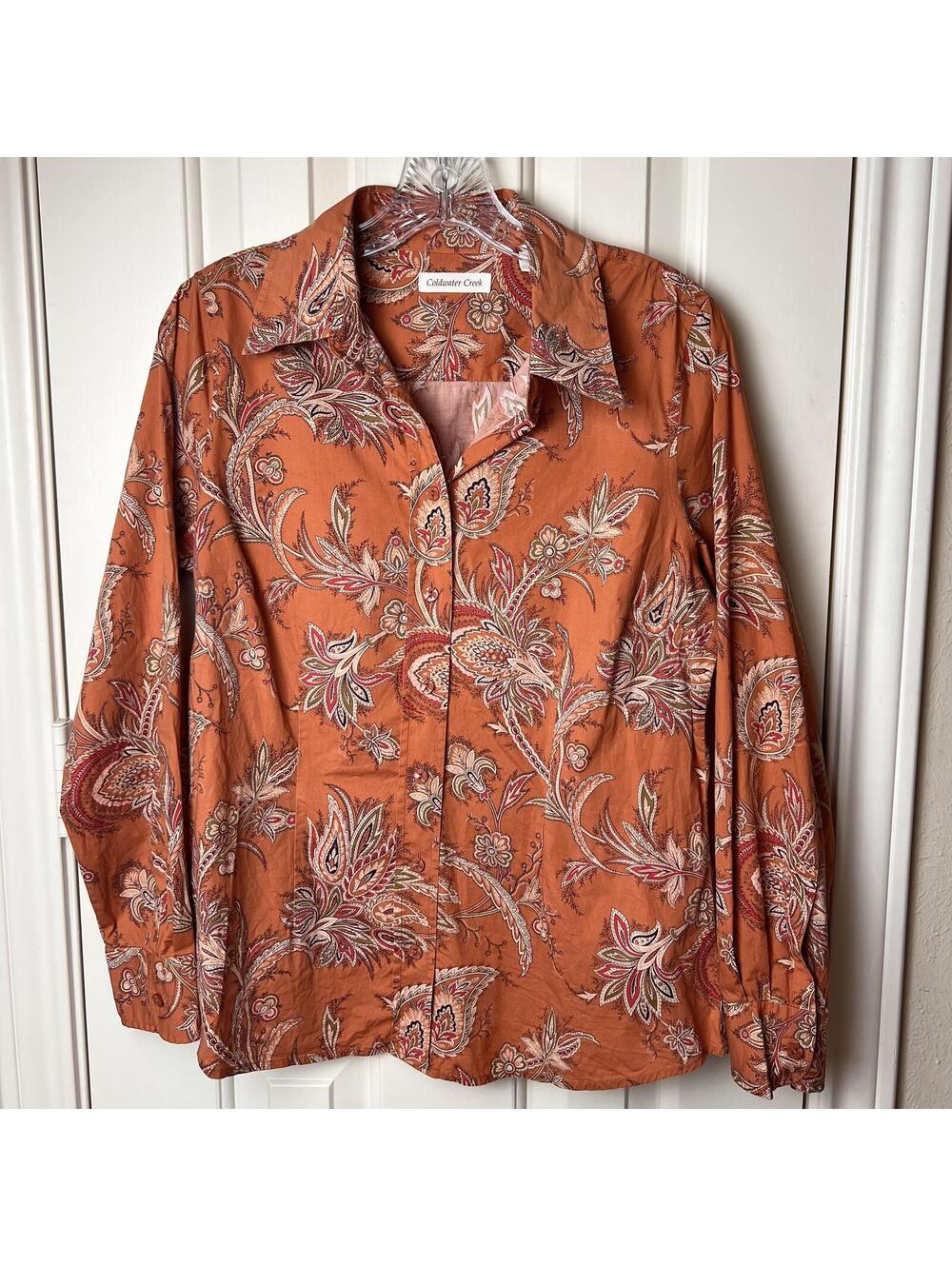 Coldwater Creek Paisley Button Up Shirt Womens Medium 10-12 Orange Western